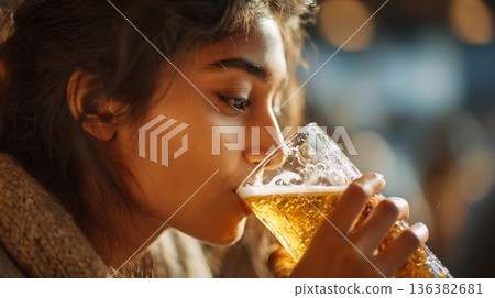 Close-up portrait of a young woman drinking a cold, golden beer with foam, blurred background. Close-up portrait of a young woman drinking a cold, golden beer with foam, blurred background. 136382681