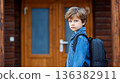 A young boy, dressed in a denim jacket, stands with his backpack, ready for school. 136382911