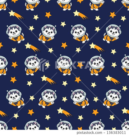 Seamless pattern with husky dog astronaut in space with stars and comets on dark blue background. 136383011