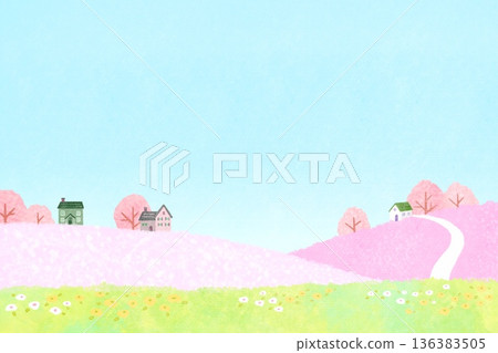 Spring landscape illustration of flowers blooming in the fields, mountains and houses 136383505
