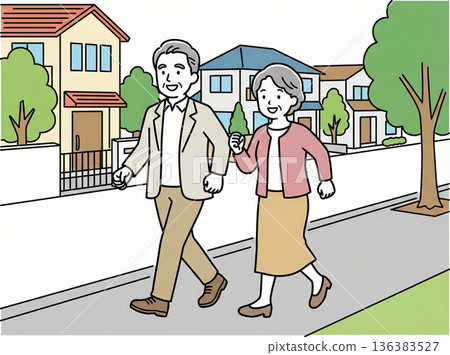 一對老年夫婦在安靜的住宅區散步 136383527
