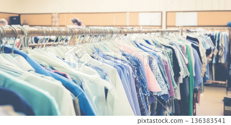 Clothing rack full of second-hand clothes for sale 136383541