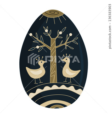 Easter egg decorated with abstract linear birds and tree of life symbols. Vector graphic isolated illustration Easter egg decorated with abstract linear birds and tree of life symbols. Vector graphic isolated illustration 136383903