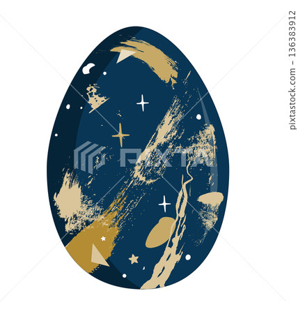 Colorful Blue Painted Easter egg decorated with abstract golden paintbrush pattern isolated on white background. Vector illustration. Colorful Blue Painted Easter egg decorated with abstract golden paintbrush pattern isolated on white background. Vector illustration. 136383912