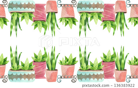 Seamless border with houseplants in various pots. Watercolor illustration of flowers in a simple flat style. Seamless border with houseplants in various pots. Watercolor illustration of flowers in a simple flat style. 136383922