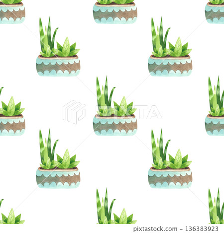 Seamless pattern with indoor plants in blue-patterned pots. Watercolor illustration of flowers in a simple flat style. Seamless pattern with indoor plants in blue-patterned pots. Watercolor illustration of flowers in a simple flat style. 136383923