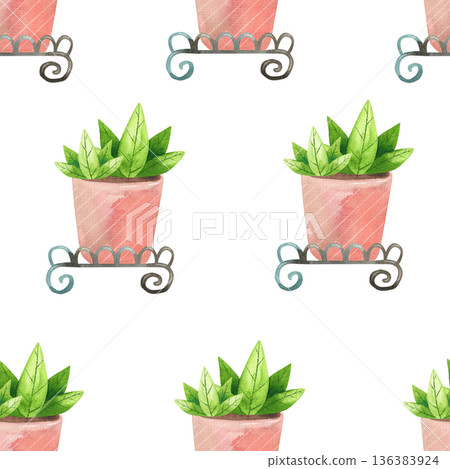 Seamless pattern with potted houseplants on a flower stand. Watercolor illustration of flowers in a simple flat style. Seamless pattern with potted houseplants on a flower stand. Watercolor illustration of flowers in a simple flat style. 136383924
