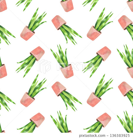 Seamless pattern with potted houseplants. Watercolor illustration of green leaves in a simple flat style. Seamless pattern with potted houseplants. Watercolor illustration of green leaves in a simple flat style. 136383925
