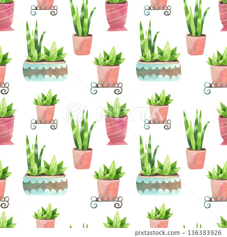 Seamless pattern with houseplants in various pots. Watercolor illustration of green leaves in a simple flat style. Seamless pattern with houseplants in various pots. Watercolor illustration of green leaves in a simple flat style. 136383926