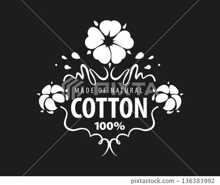 Three cotton blossoms with decorative flourish and symmetrical frame, elegant cotton badge for premium bedding, home textile labels and sustainable lifestyle brands Three cotton blossoms with decorative flourish and symmetrical frame, elegant cotton badge for premium bedding, home textile labels and sustainable lifestyle brands 136383992