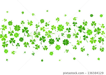 Lucky clover leaves cascade on white background. Festive St. Patricks Day border with shamrock confetti, green trefoil symbols and Irish celebration charm. Vector illustration. Lucky clover leaves cascade on white background. Festive St. Patricks Day border with shamrock confetti, green trefoil symbols and Irish celebration charm. Vector illustration. 136384129