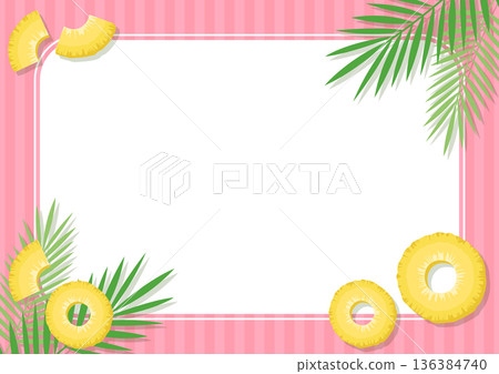 鳳梨和棕櫚樹夏季假日背景框，粉紅色條紋和熱帶水果向量素材 136384740
