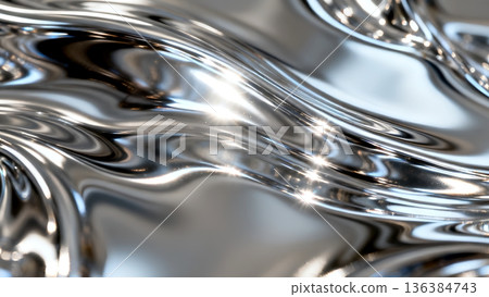 A captivating close-up of a shimmering silver liquid metal surface, showcasing abstract waves, smooth curves, and brilliant reflections. Ideal for modern backgrounds and futuristic designs. 136384743