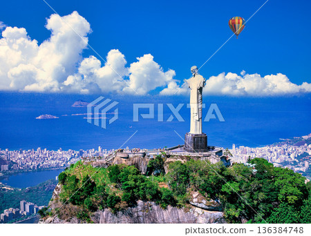 Beautiful christ statue aerial view on corcovado hill Beautiful christ statue aerial view on corcovado hill 136384748