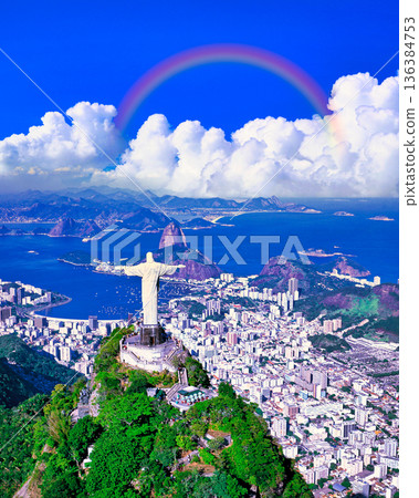 Beautiful christ statue aerial view on corcovado hill Beautiful christ statue aerial view on corcovado hill 136384753