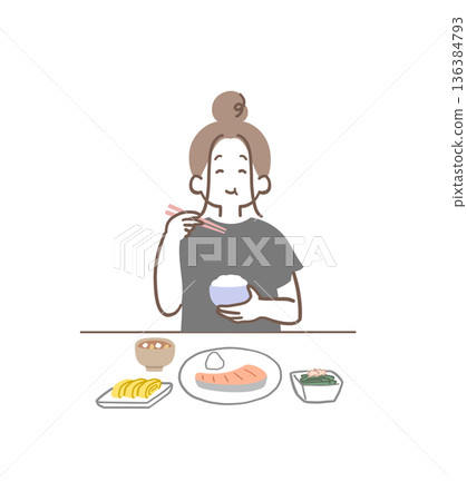 插畫資料：一位女士正在享用均衡飲食 136384793