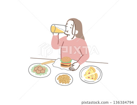 Illustration material of a woman with a strong appetite eating junk food and drinking beer 136384794