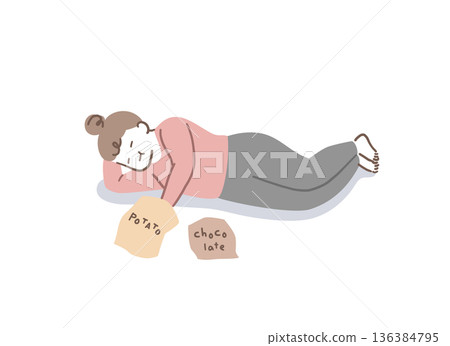 Illustration material of a woman eating sweets while lying down 136384795