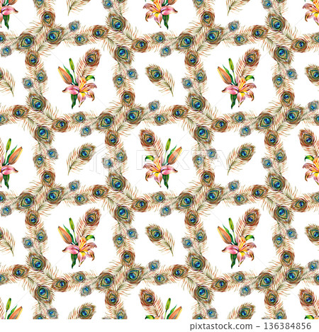 Elegant seamless watercolor pattern featuring swirling wreaths of golden peacock feathers accented by delicate peach lily bouquets. The ornate botanical design repeats infinitely for a luxury 136384856
