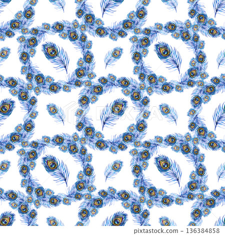 This hand-painted watercolor seamless pattern features vibrant peacock feathers arranged in graceful circular wreaths and scattered elements against a deep navy blue background. The detailed "eye" of This hand-painted watercolor seamless pattern features vibrant peacock feathers arranged in graceful circular wreaths and scattered elements against a deep navy blue background. The detailed "eye" of 136384858
