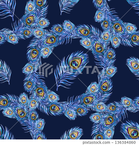 This hand-painted watercolor seamless pattern features vibrant peacock feathers arranged in graceful circular wreaths and scattered elements against a deep navy blue background. The detailed "eye" of This hand-painted watercolor seamless pattern features vibrant peacock feathers arranged in graceful circular wreaths and scattered elements against a deep navy blue background. The detailed "eye" of 136384860