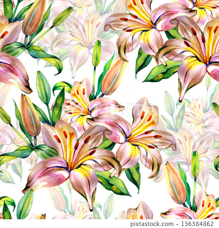 seamless watercolor pattern featuring a dense arrangement of blooming pink and peach lilies with green buds. The floral design repeats infinitely, creating a lush, romantic botanical texture seamless watercolor pattern featuring a dense arrangement of blooming pink and peach lilies with green buds. The floral design repeats infinitely, creating a lush, romantic botanical texture 136384862