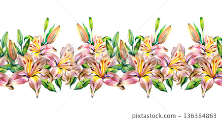 Hand-painted watercolor horizontal seamless border of lily flowers with buds and leaves. This vibrant botanical illustration features pink and orange lilies with realistic details, perfect for elegant Hand-painted watercolor horizontal seamless border of lily flowers with buds and leaves. This vibrant botanical illustration features pink and orange lilies with realistic details, perfect for elegant 136384863