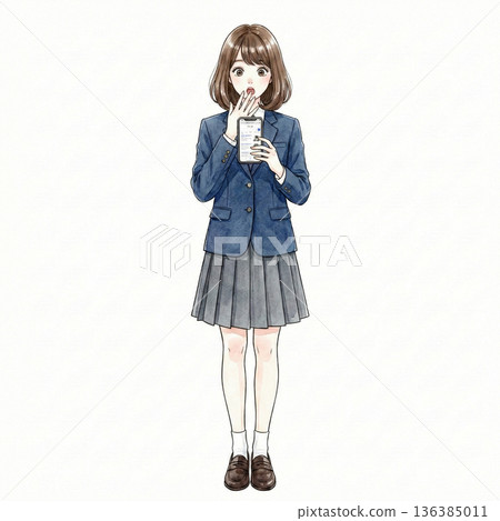 可愛的高中女生被她的智慧型手機嚇了一跳。插圖。 136385011