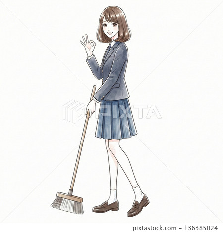 Illustration of a cute high school girl giving an OK sign after finishing cleaning Illustration of a cute high school girl giving an OK sign after finishing cleaning 136385024