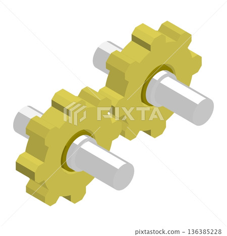 Isometric two interlocked yellow gears with axles and silver shafts on white, mechanical engineering concept, golden cogwheels. 3D vector isolated on white background Isometric two interlocked yellow gears with axles and silver shafts on white, mechanical engineering concept, golden cogwheels. 3D vector isolated on white background 136385228