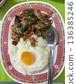 Authentic Thai Basil  Roasted Duck (Pad Kra Pao) with Fried Egg and Rice 136385246