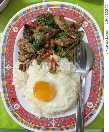 Authentic Thai Basil  Roasted Duck (Pad Kra Pao) with Fried Egg and Rice 136385246