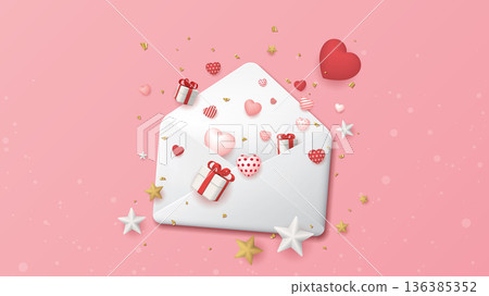 Heart balloons, gift boxes, stars and golden confetti floated out of the envelope on pink background Heart balloons, gift boxes, stars and golden confetti floated out of the envelope on pink background 136385352