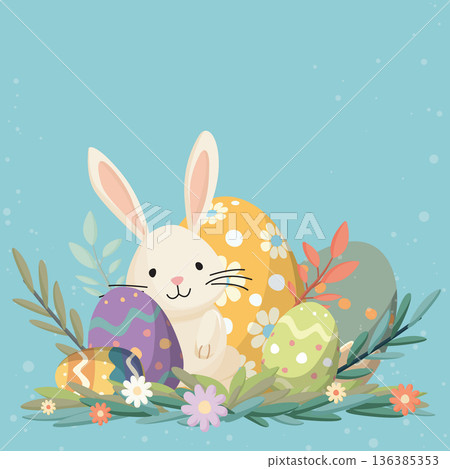 Cute Easter bunny and decorated eggs hand drawn style in the bush on light blue background Cute Easter bunny and decorated eggs hand drawn style in the bush on light blue background 136385353