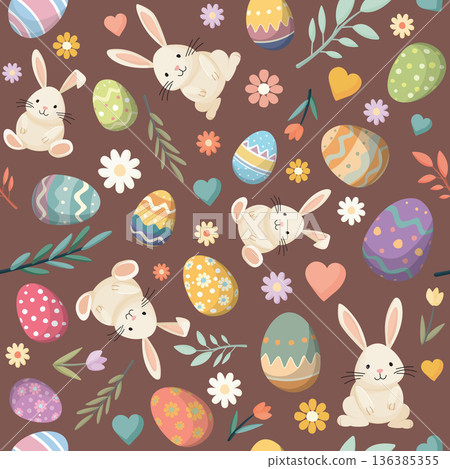 Cute Easter elements hand drawn seamless pattern with brown square background Cute Easter elements hand drawn seamless pattern with brown square background 136385355