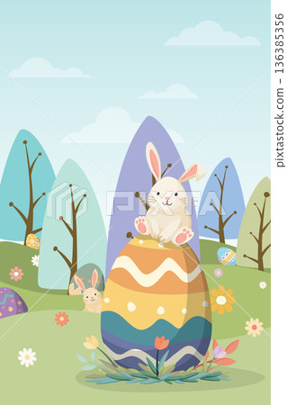 Cute Easter bunny on decorated egg at the field hand drawn style with blue sky background have blank space. Cute Easter bunny on decorated egg at the field hand drawn style with blue sky background have blank space. 136385356