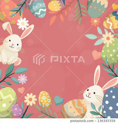 Happy Easter greeting card, poster or banner with pink background square template 136385359