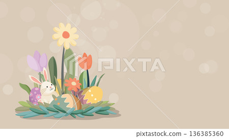 Cute Easter bunny with decorated eggs in the bush hand drawn style on beige background have blank space. Cute Easter bunny with decorated eggs in the bush hand drawn style on beige background have blank space. 136385360