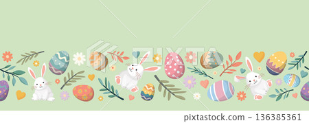 Cute Easter element seamless pattern hand drawn style with green background have blank space. Cute Easter element seamless pattern hand drawn style with green background have blank space. 136385361