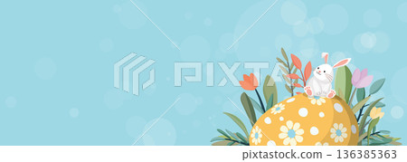 Cute Easter bunny on decorated egg in the bush hand drawn style with soft bokeh light blue background have blank space. Cute Easter bunny on decorated egg in the bush hand drawn style with soft bokeh light blue background have blank space. 136385363