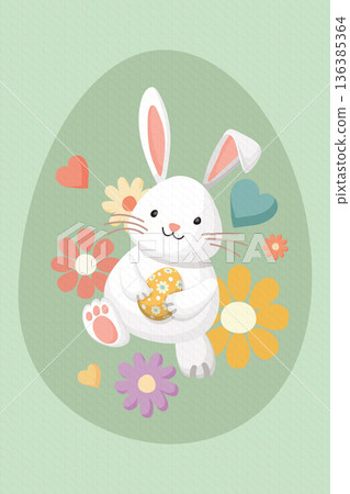 Cute Easter bunny holding decorated egg hand drawn style with light green bond paper texture background have blank space. Cute Easter bunny holding decorated egg hand drawn style with light green bond paper texture background have blank space. 136385364