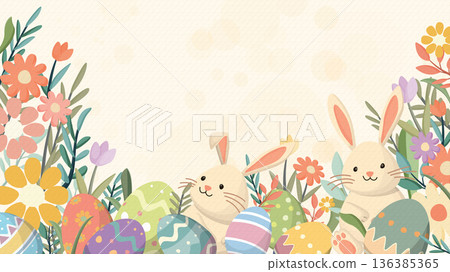 Cute Easter bunnies and decorated eggs in the garden hand drawn style on bond paper texture beige color background have blank space. Cute Easter bunnies and decorated eggs in the garden hand drawn style on bond paper texture beige color background have blank space. 136385365