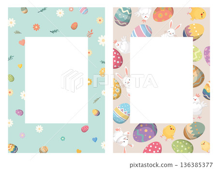 Set of cute Happy Easter greeting card, poster, cover or banner hand drawn style vertical template with blank white frame. Set of cute Happy Easter greeting card, poster, cover or banner hand drawn style vertical template with blank white frame. 136385377