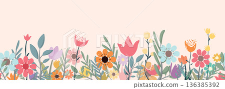 Cute spring flowers illustrated hand drawn style seamless pattern have blank space. 136385392