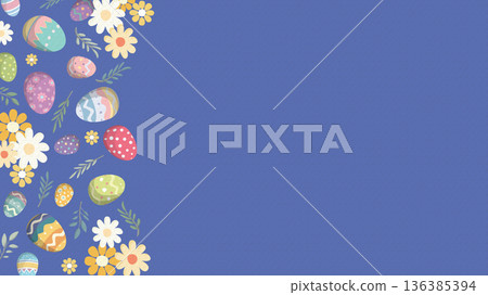 Happy Easter greeting card, poster, cover or banner hand drawn style on bond paper texture blue color background have blank space. 136385394