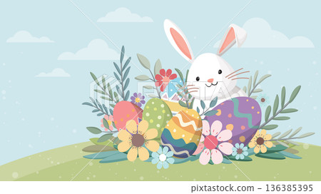 Cute bunny with many Easter eggs and colorful flowers hand drawn style. 136385395