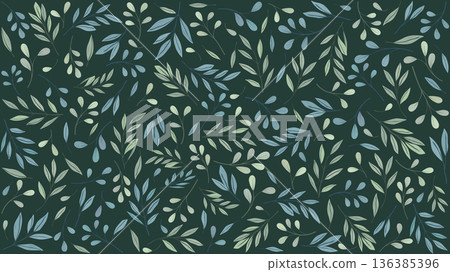 Various green leaves pattern hand drawn style on green background 136385396