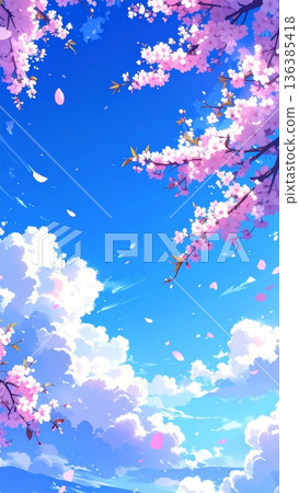 直版素材:一幅清新明媚的春日插畫,描繪了藍天和櫻花。人工智慧生成素材。 直版素材:一幅清新明媚的春日插畫,描繪了藍天和櫻花。人工智慧生成素材。 136385418