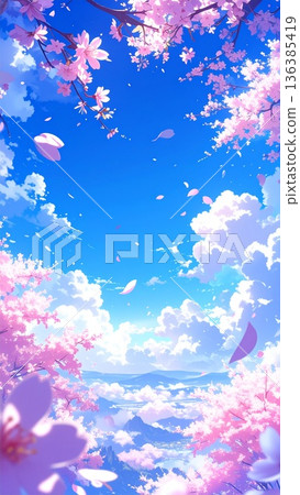 直版素材：一幅清新明媚的春日插畫，描繪了藍天和櫻花。人工智慧生成素材。 136385419