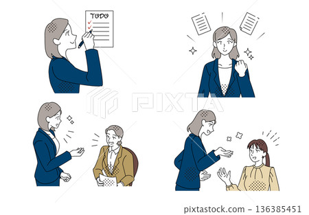 一組插畫，描繪了一位能夠有效率地管理任務並流暢溝通的女性強人。 136385451